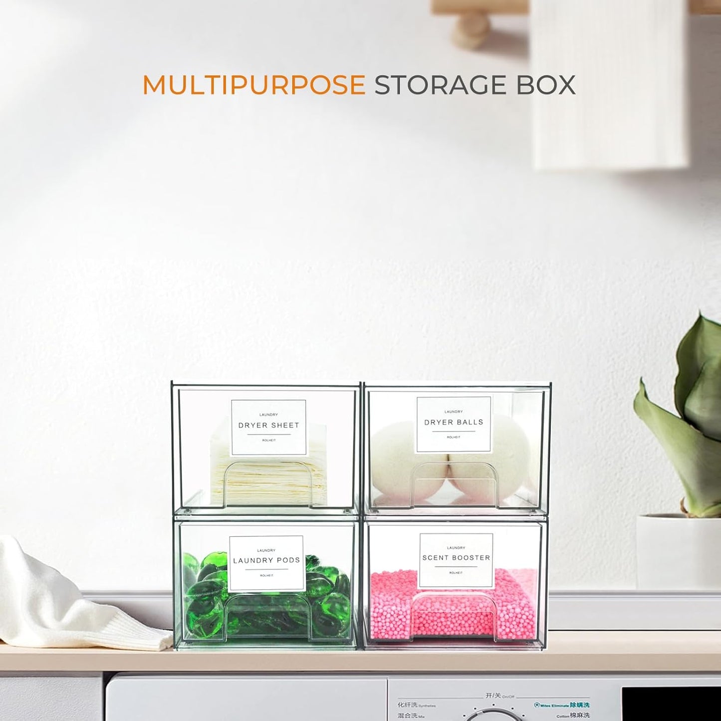 4 Pack Laundry Room Organization Storage Drawers with Labels, Clear Stackable Dryer Sheet Holder and Pod Containers, Detergent Dispenser for Laundry Room Organizing and Decor