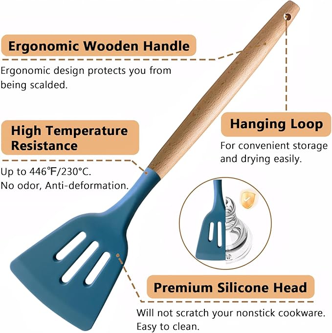 Silicone Cooking Utensils Set 6Pcs Heat Resistant Silicone Kitchen Utensils Set for Cooking Spatula Spoon Turner Ladle w Wooden Handle, BPA FREE Kitchen Gadgets for Nonstick Cookware & Baking