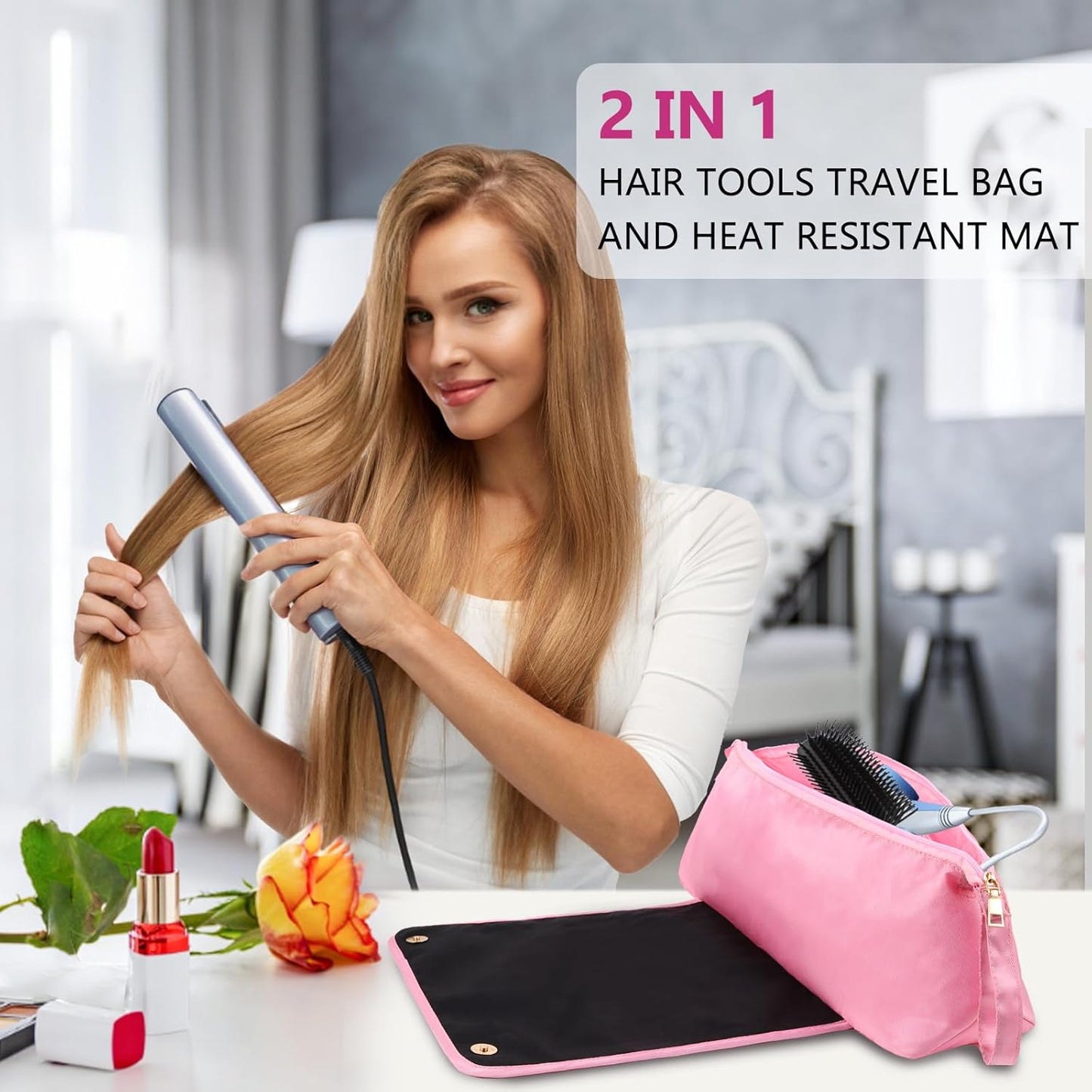 Large Hair Tools Travel Bag with Heat Resistant Mat for Straighteners, Curling Iron, Haircare Accessories, Hair Styling Tools Bag with Silicone Mat (Pink)