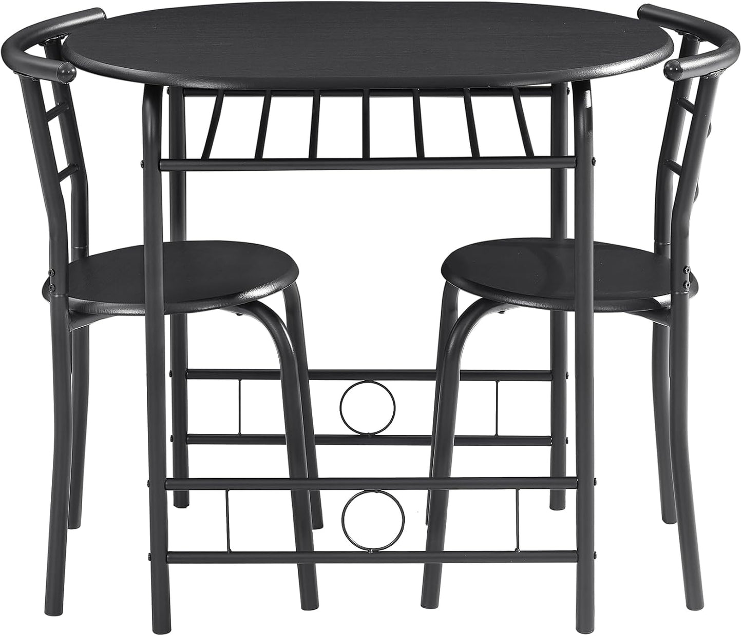 VECELO 3-Piece Dining Table Set for Kitchen Breakfast Nook, Wood Grain Oval Tabletop and Metal Frame with Built-in Wine Rack, for Small Spaces, Black
