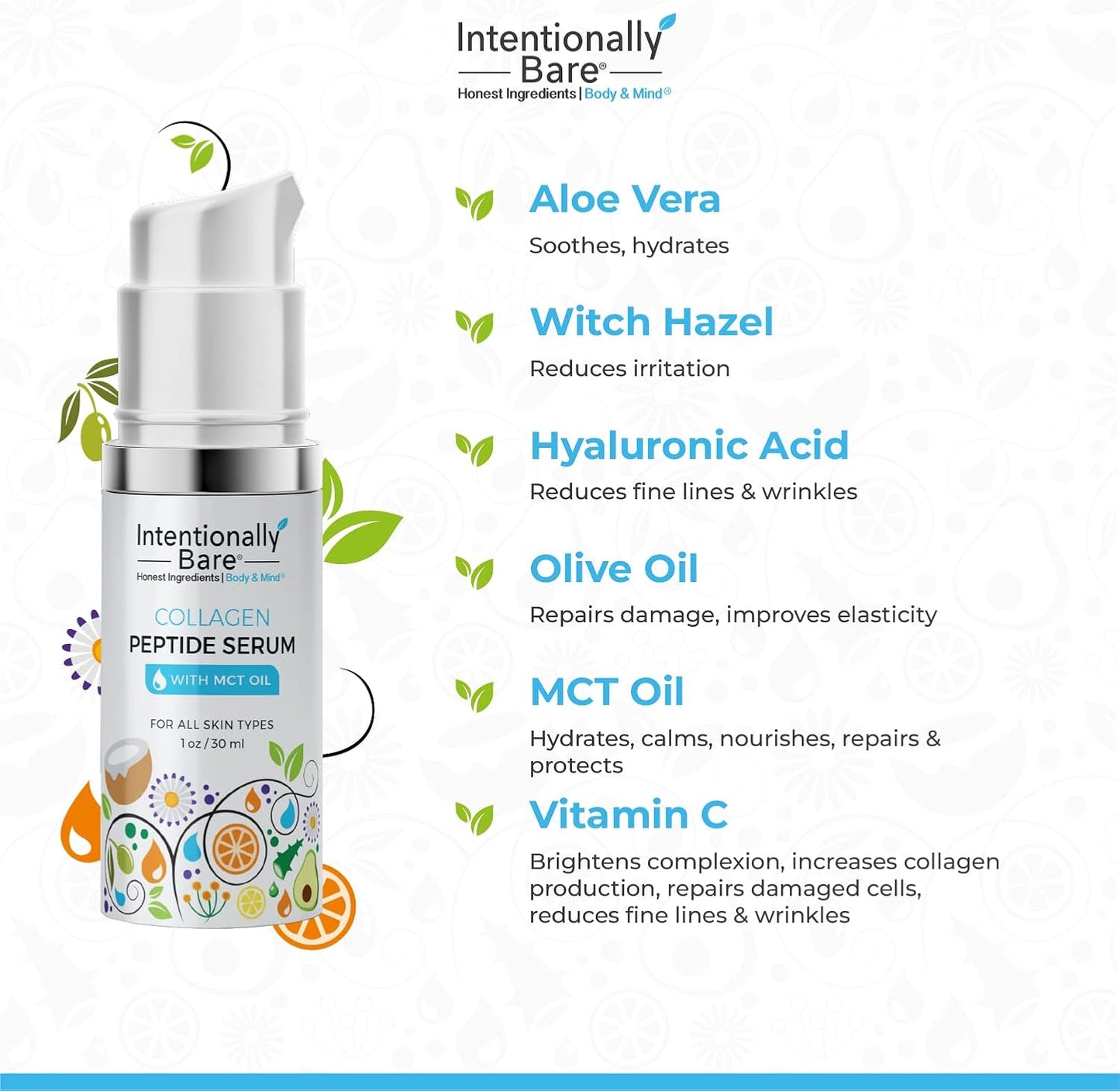 Intentionally Bare Collagen Peptide Serum with MCT Oil and Hyaluronic Acid - Keto for Your Face - Firming Brightening Anti Aging Facial Serum - Collagen Oil for Fine Lines - All Skin Types - 1oz