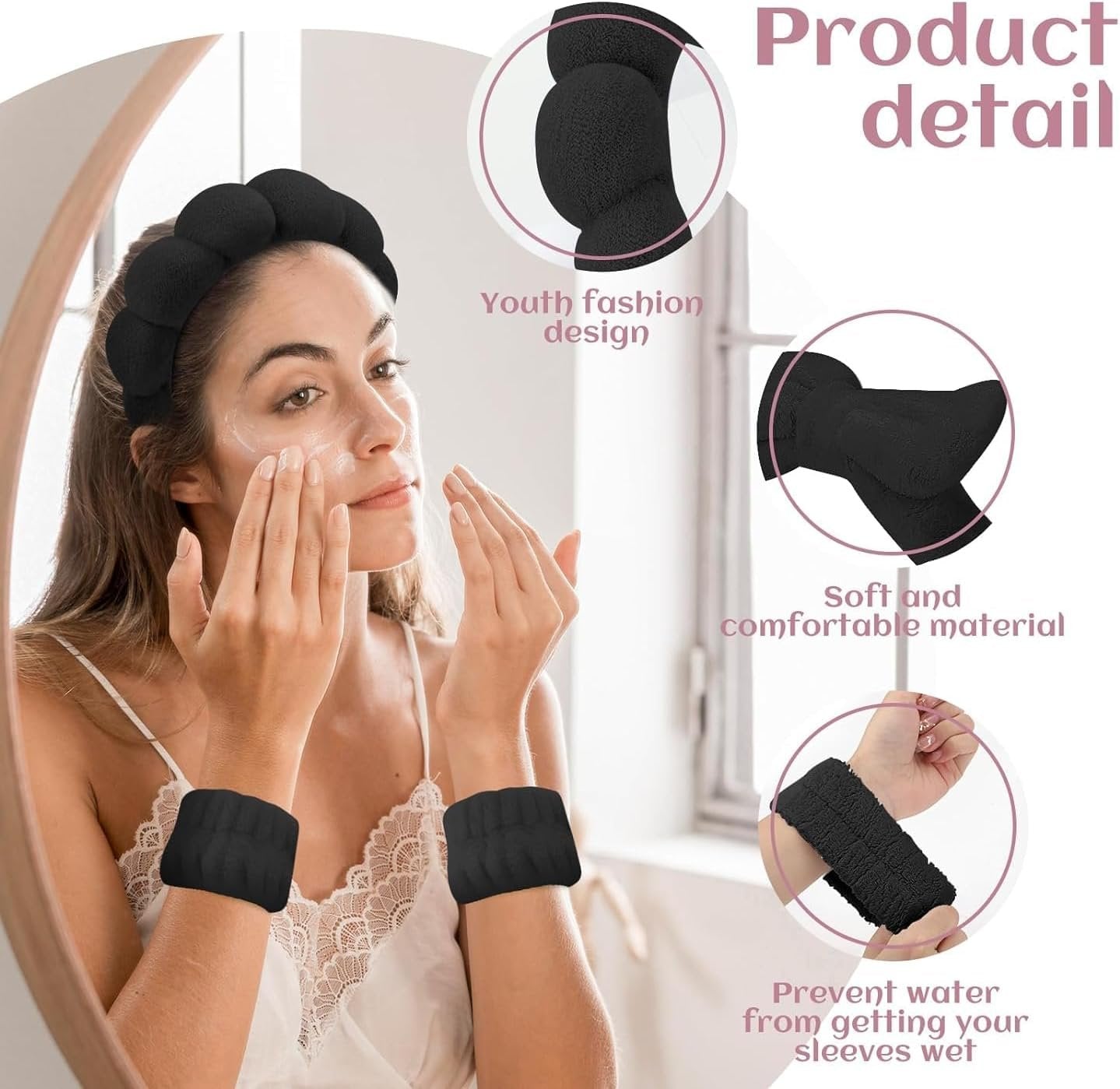 Spa Headbands for Washing Face, 4Pcs Headband for Women Makeup, Skincare Headbands Remover Spa Headband Bow Tie Headband Wristband Set Hair Accessories(Black)