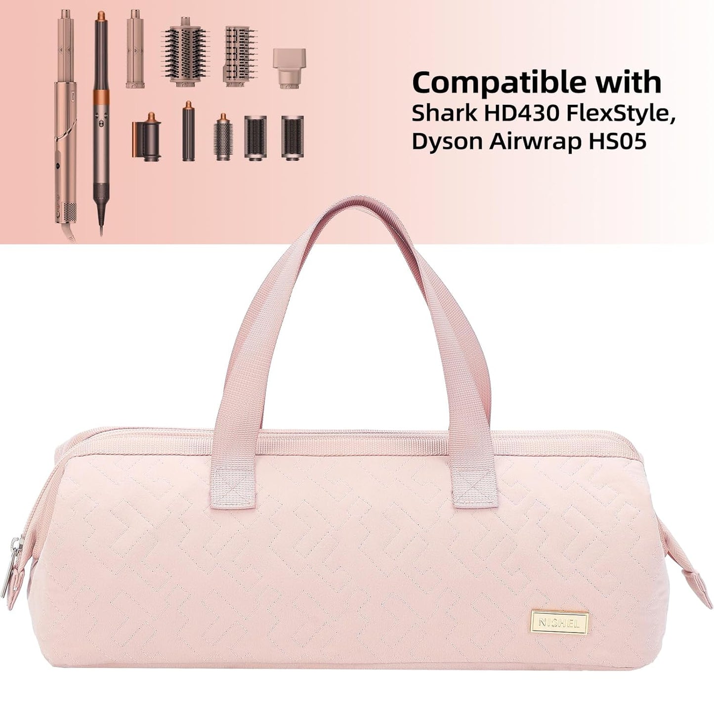 NISHEL Hair Tools Travel Carrying Bag, Portable Hair Air Wrap Dryer Case, Hair Dryer/Curling Iron/Airstraight Attachment Organizer, Pink