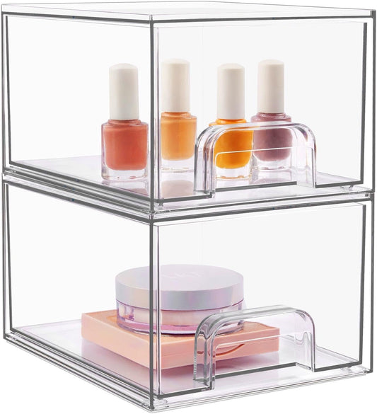 2 Pack Clear Stackable Storage Drawers,Makeup Organizer,4.4'' Tall Acrylic Bathroom Organizers,For Vanity, Undersink, Kitchen Cabinets, Pantry, Home Organization