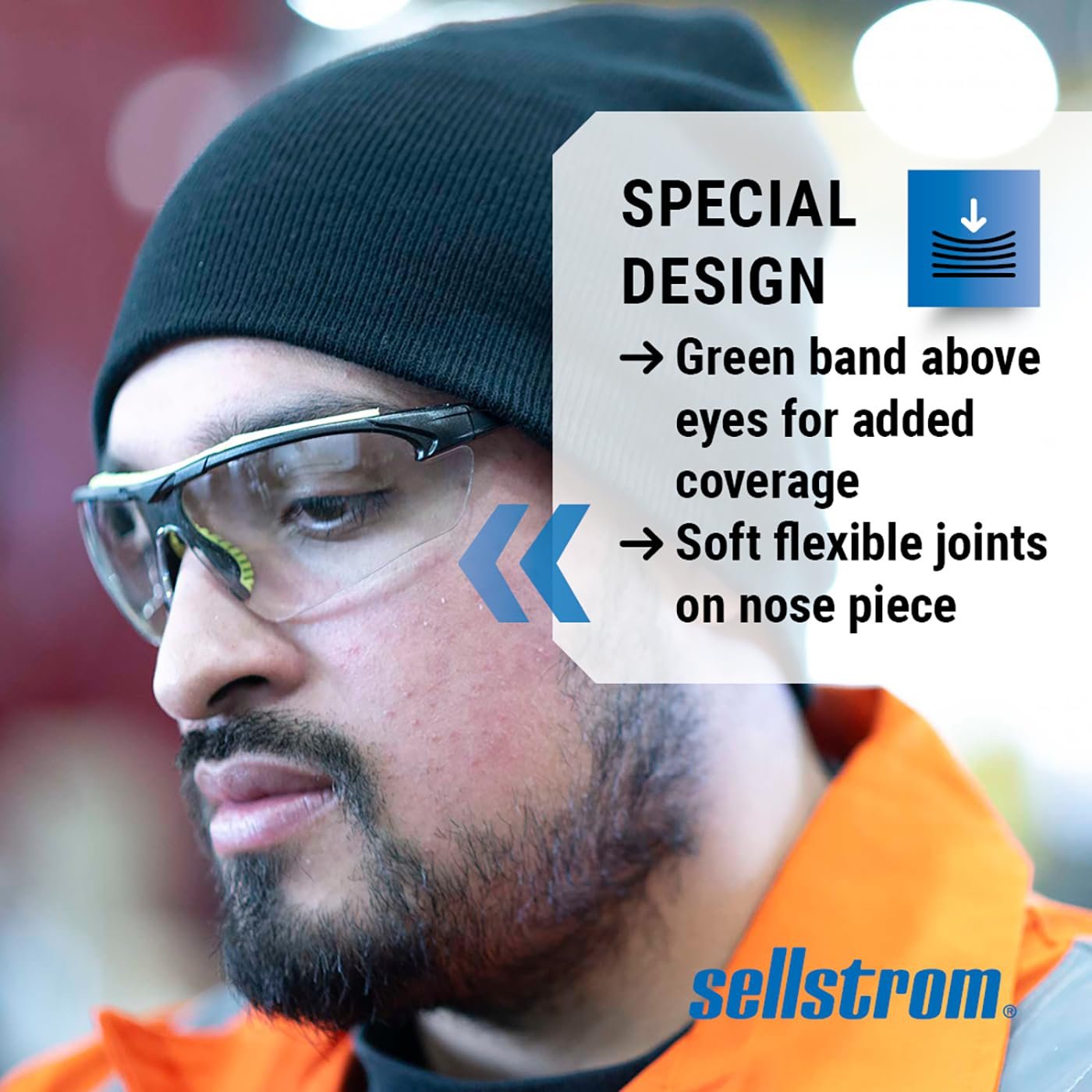 Sellstrom Stylish, Slip-Resistant, Lightweight, Anti-Fog Coating Protective Eyewear Safety Glasses, Clear Lens, Light Frames, Ultra-Thin Co-Molded Temples, Soft Nose Piece (Qty 1), Black/Green, S72000