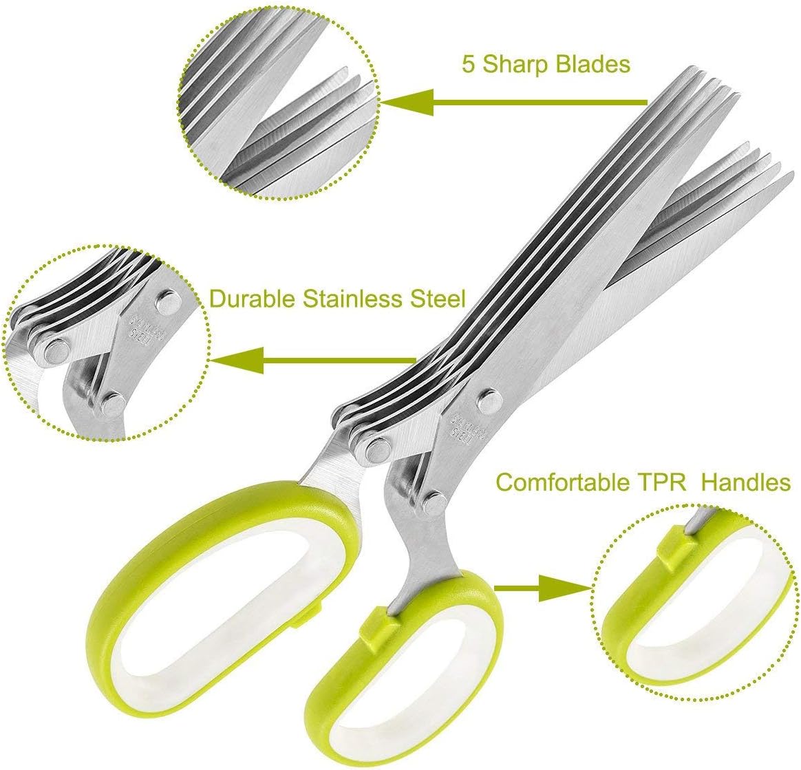 Herb Scissors, Multipurpose Kitchen Shears 5 Stainless Steel Blade with Safety Cover, Cleaning Comb and Herb Stripping Tool (Green)