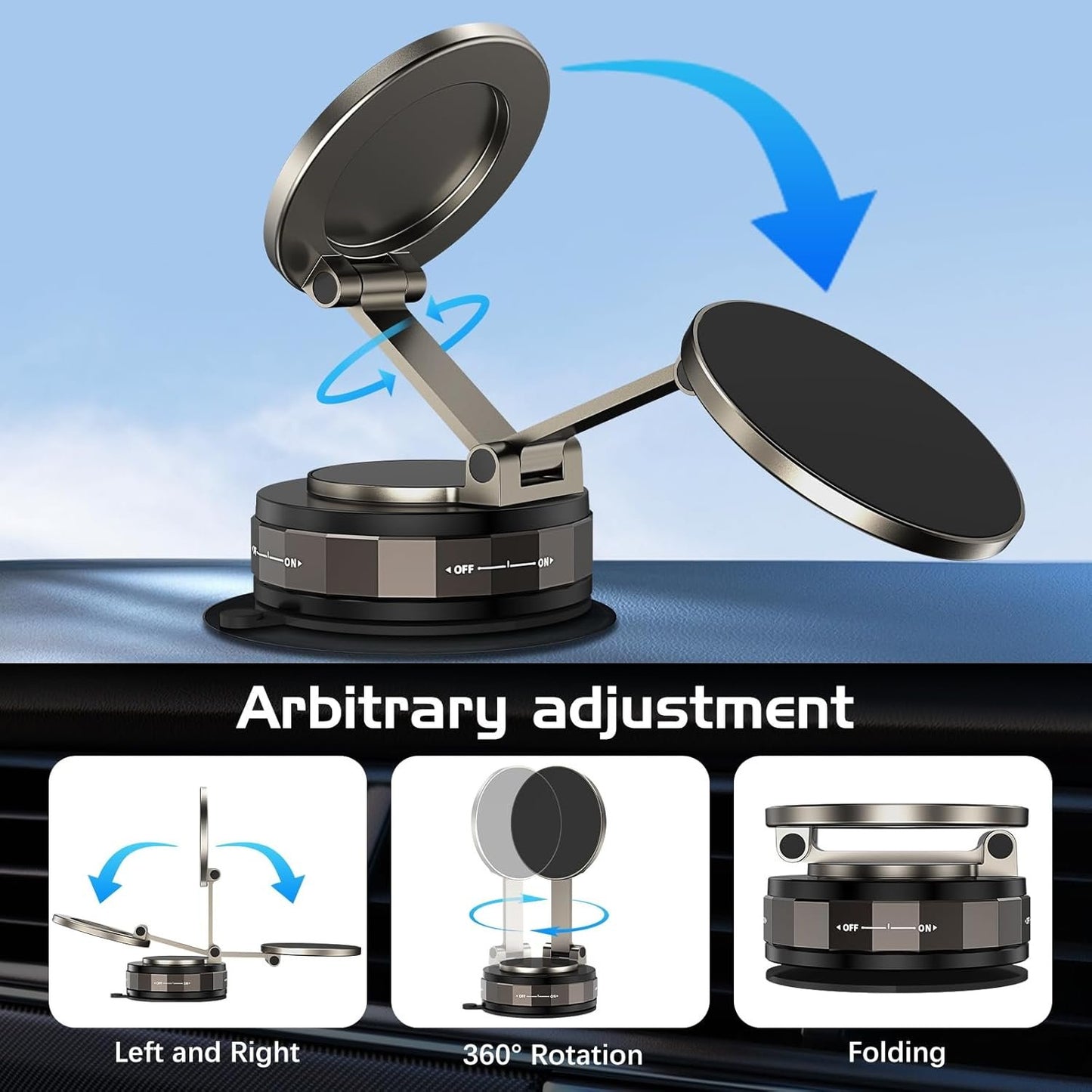 DOMAVER 360° Adjustable Vacuum Suction Magnetic Phone Holder Car, Swivel Locking Car Phone Holder Mount,Strong Magnetic Suction Cup Phone Mount Compatible with iPhone 16 15 14 13 12 Series,Black