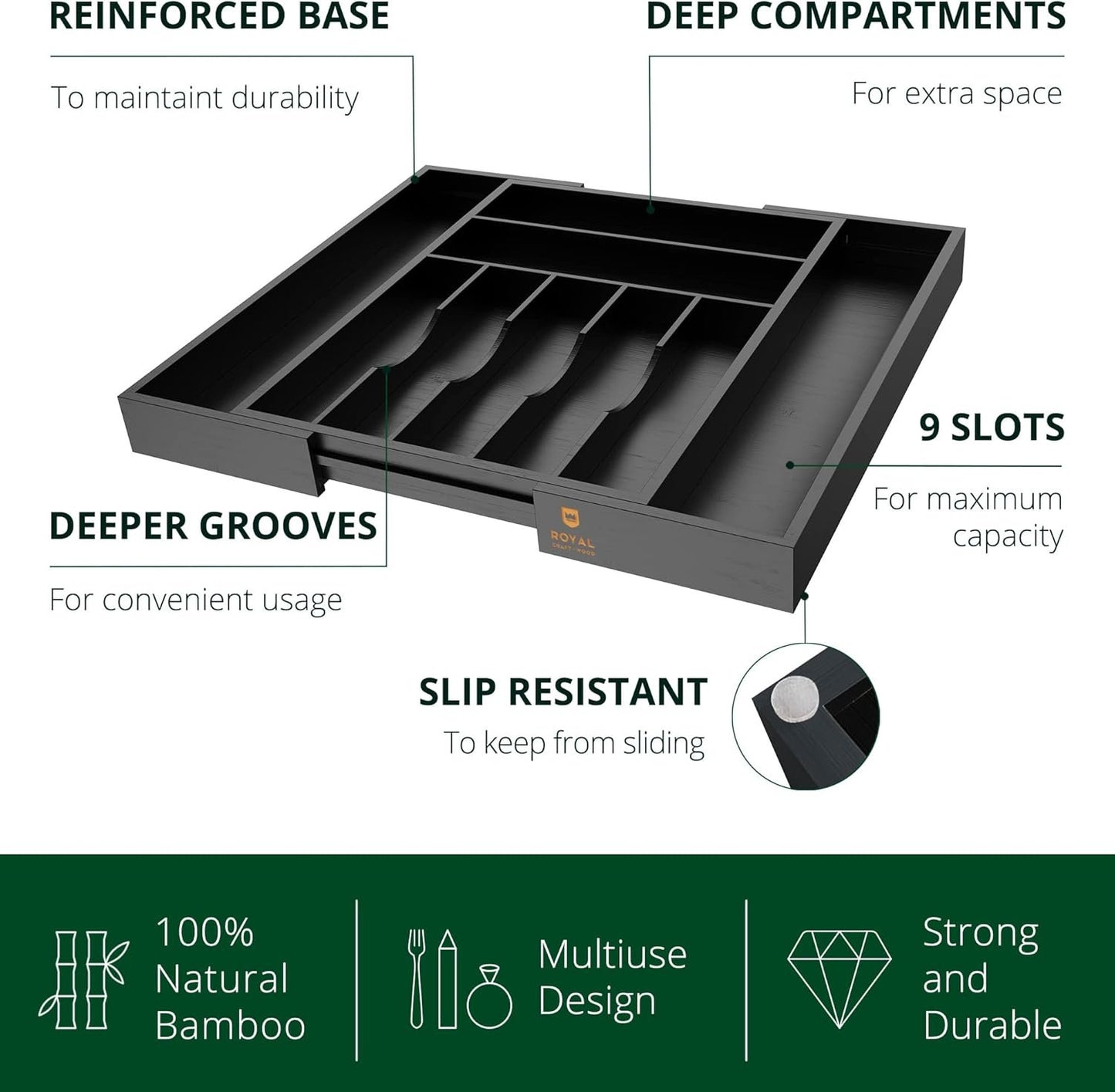 Bamboo Kitchen Drawer Organizer - Expandable Silverware Organizer/Utensil Holder and Cutlery Tray with Grooved Drawer Dividers for Flatware and Kitchen Utensils (Black, 9 Slots)