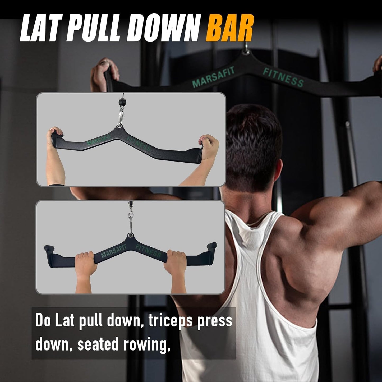 MARSAFIT Home Gym Fitness Rowing T-bar V-bar Pulley Cable Machine Attachments, Bicep Curl Tricep Lat pulldown Bar Back Strength Training Handle Grips Lat Pull Down Bar Press Down Exercises