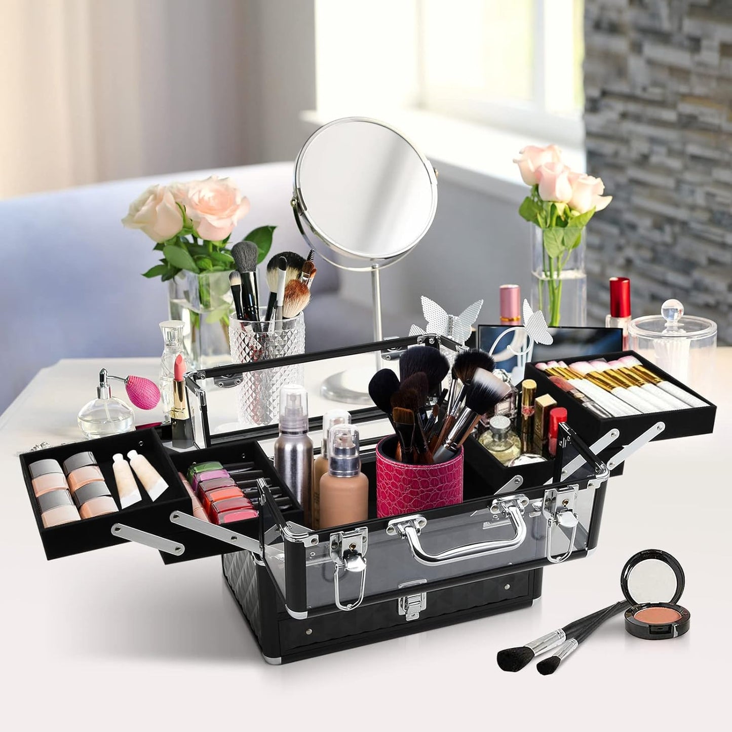 HOMCOM Professional Travel Makeup Case, Makeup Case with Removable Trays and Lock, for Women's Travel Makeup Beauty Case, 30 x 18.5 x 22 cm, Black