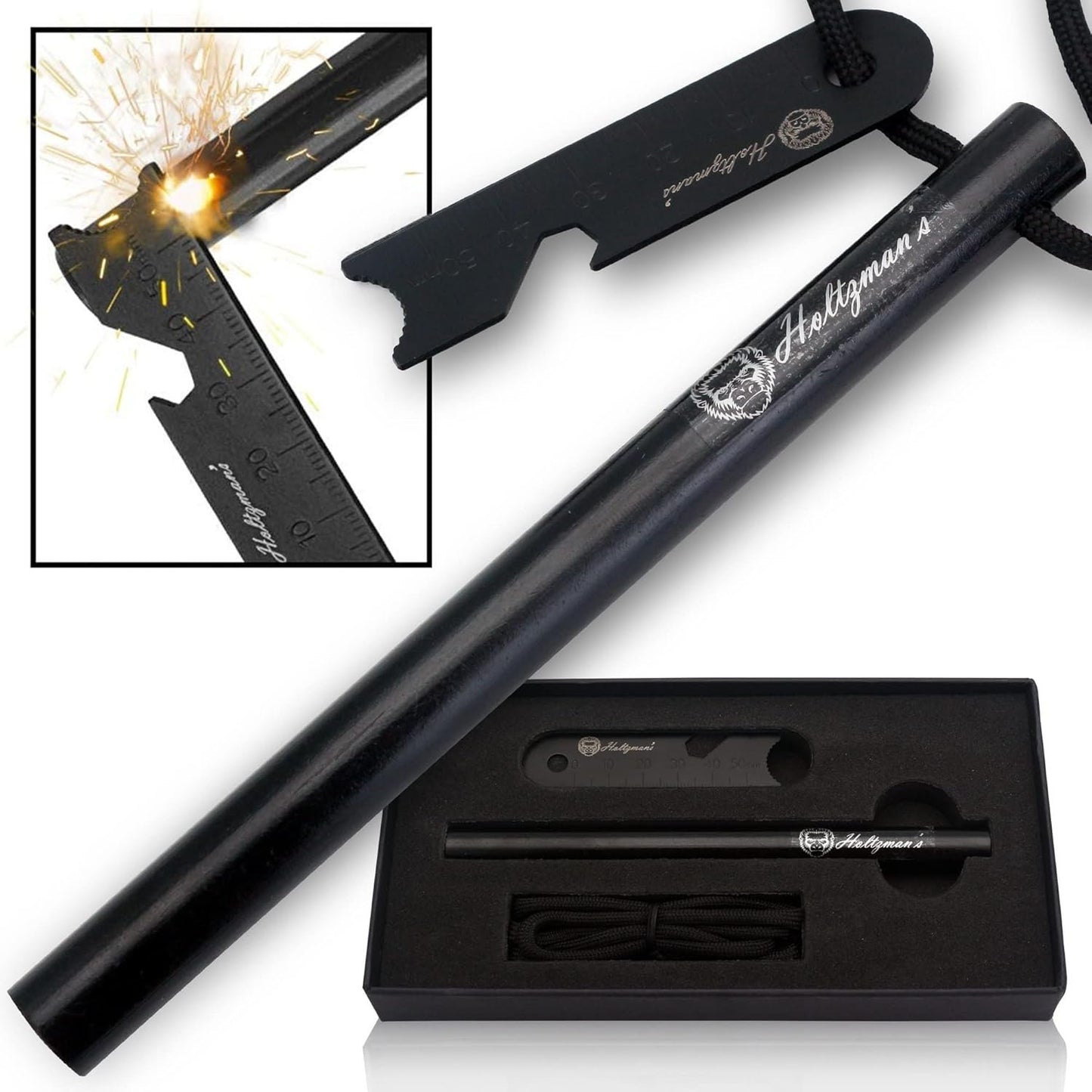 Holtzman's Gorilla Survival Holtzman's Ferro Rod | Fire Starter Heavy Duty 6-Inch x 1/2" Ferrocerium Rod Fire Starter Kit - Survival Magnesium Flint and Steel Set with Paracord & Scraper - Lightweight Emergency Camping Tool