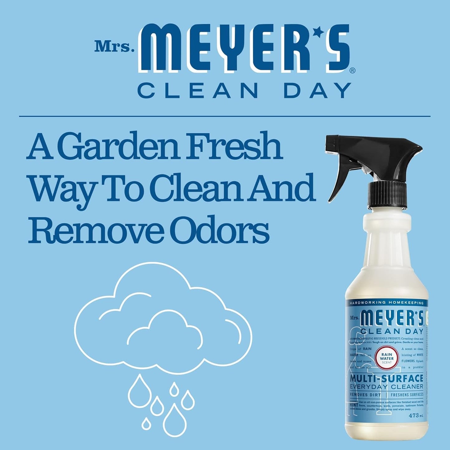 Mrs. Meyer's Clean Day Multi-Surface Cleaner Spray, All-Purpose Cleaner Solution for Countertops, Floors, Walls and More, Rain Water Scent, 473mL Spray Bottle