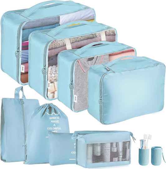 Jsdoin Suitcase Packing Cubes, 9 Pieces Travel Organizer for Backpack, Waterproof Travel Essential Bag, Travel Accessories (Blue)