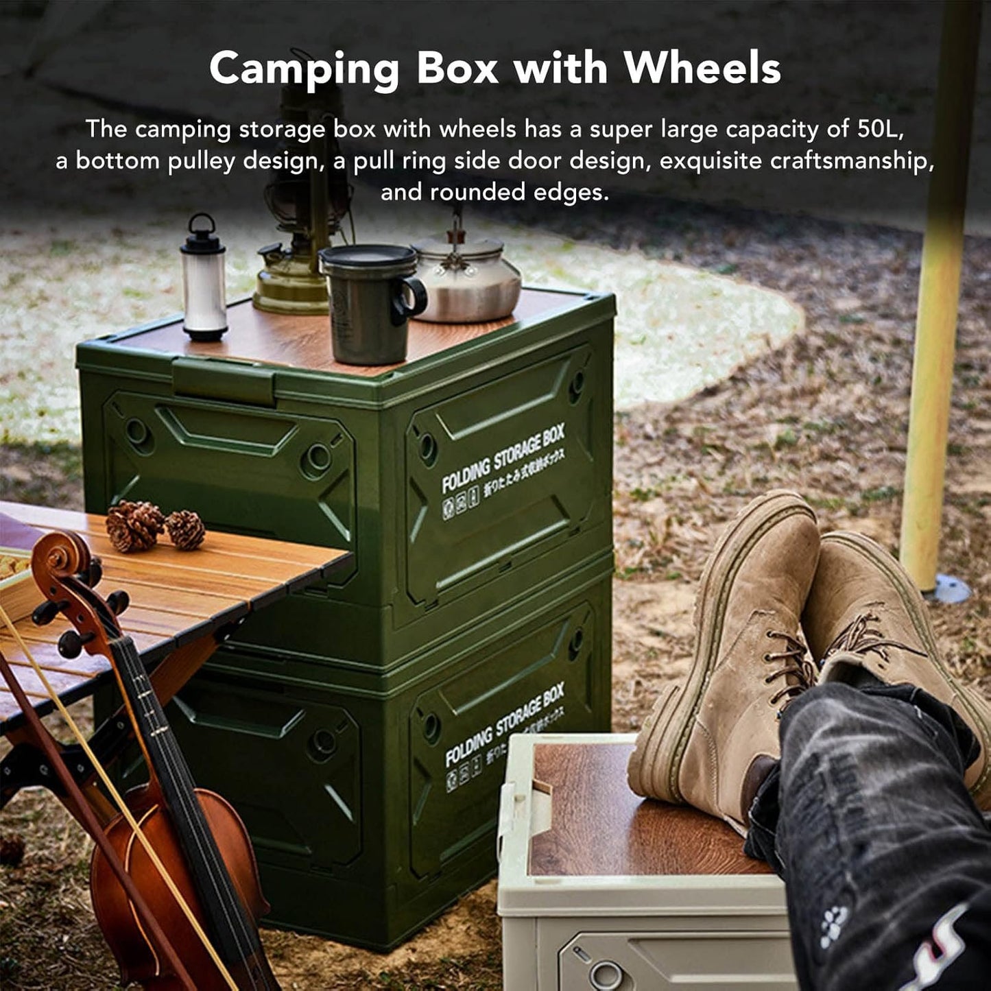 Wheeled Camping Storage Box, Folding 50L 100kg Load Multifunction Lidded Storage Bin Trunk Organizer with Lid, Camping Storage Containers for Outdoor Car Picnic Garage Home (OD Green)
