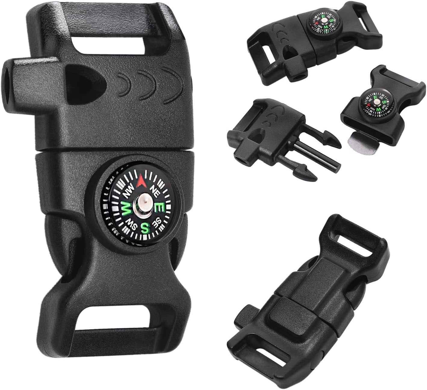 5pcs Pack Black 5/8" Compass Flint Scraper Fire Starter Whistle Buckle Plastic Paracord Bracelet Outdoor Camping Emergency Survival Travel Kits #FLC158-FWC(Black)