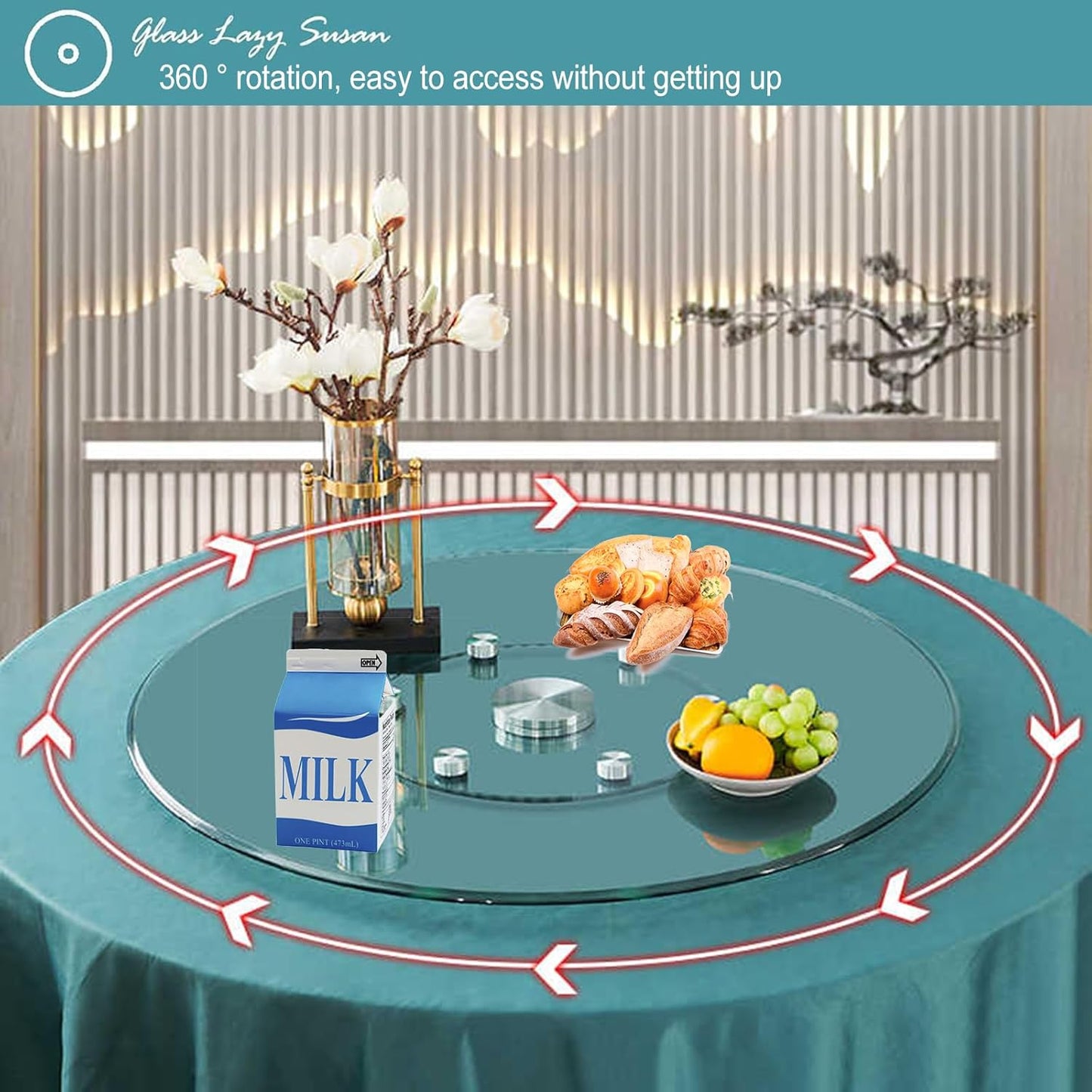 27" Glass Lazy Susan Turntable Large Dining Table, Kitchen Round Clear Tabletop Rotating Tray with Swivel Assist System, Silent & Smooth Spin Table Centerpiece