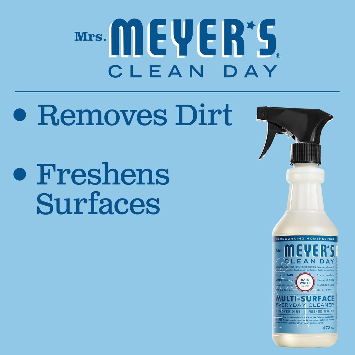 Mrs. Meyer's Clean Day Multi-Surface Cleaner Spray, All-Purpose Cleaner Solution for Countertops, Floors, Walls and More, Rain Water Scent, 473mL Spray Bottle