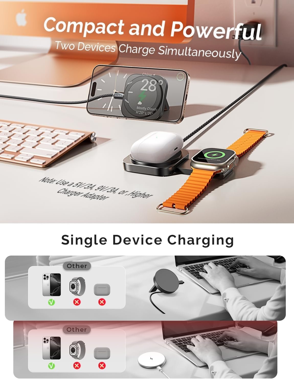 LISEN Magsafe Charger Apple Watch 2 in 1 Wireless Charging Station Magnetic Charging Pad Magsafe Charger Stand Travel Charger for Multiple Devices Fits iPhone 16 Apple Watch Airpods(Black)