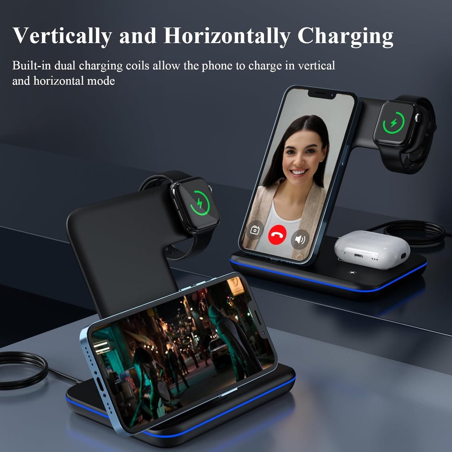 Minthouz Wireless Charger, 15W iPhone Charging Station for Multiple Devices iPhone Watch, AirPods, 3IN1 Wireless Charger Stand Compatible with iPhone 15/14/13/12/11 (with Adapter)