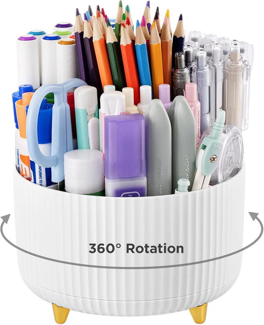 HBlife Pencil Pen Holder for Desk, 5 Slots 360° Degree Rotating Desk Organizers and Accessories, Desktop Storage Stationery Supplies Cute Pencil Cup Pot for Office, School, Home, Art Supply, White