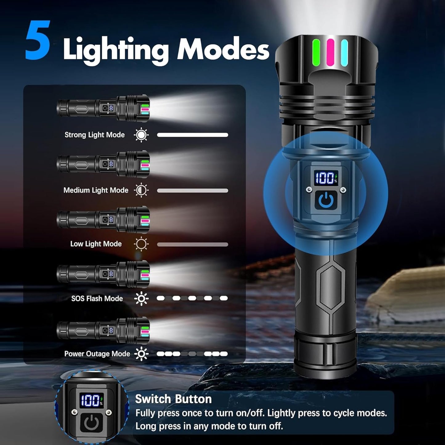 Anyuainiya Rechargeable Flashlight 30000 High Lumens Long Range, High Concentration Super Bright LED Torch with Power Display, Waterproof Zoomable Handheld Flashligh for Camping Hiking Emergency Gift
