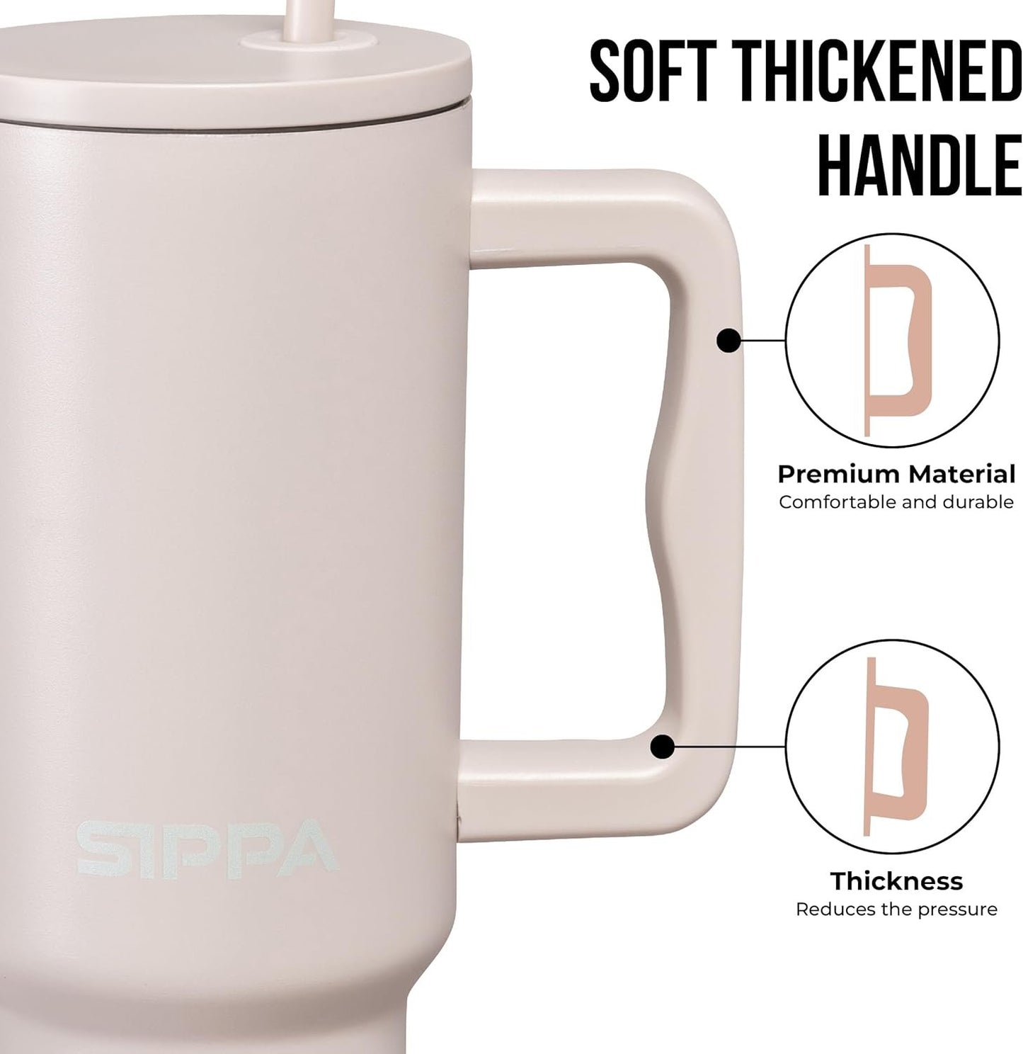 SIPPA Insulated Tumbler with Handle AKA Gobelet Isotherme, Double Wall Vacuum Tumbler with Straw and lid, Reusable Stainless Steel Water Bottle with Handle, Leak Proof Tumbler for Iced Coffee (Cream)