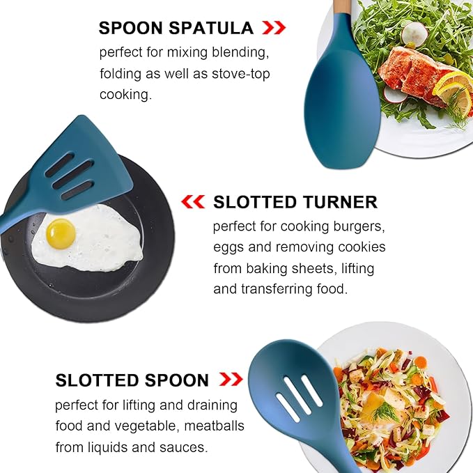 Silicone Cooking Utensils Set 6Pcs Heat Resistant Silicone Kitchen Utensils Set for Cooking Spatula Spoon Turner Ladle w Wooden Handle, BPA FREE Kitchen Gadgets for Nonstick Cookware & Baking