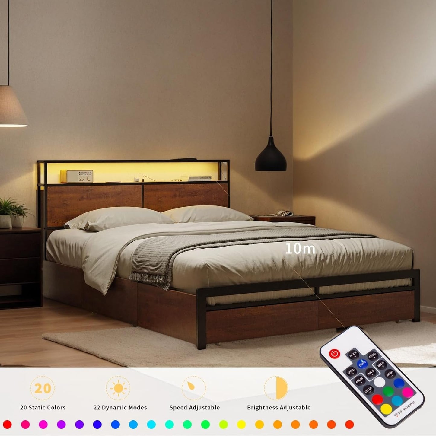 Bed Frame with Storage Headboard & 4 Drawers - LED Charging Station, Silent Metal Platform, No Box Spring Needed (Brown, Queen (U.S. Standard))