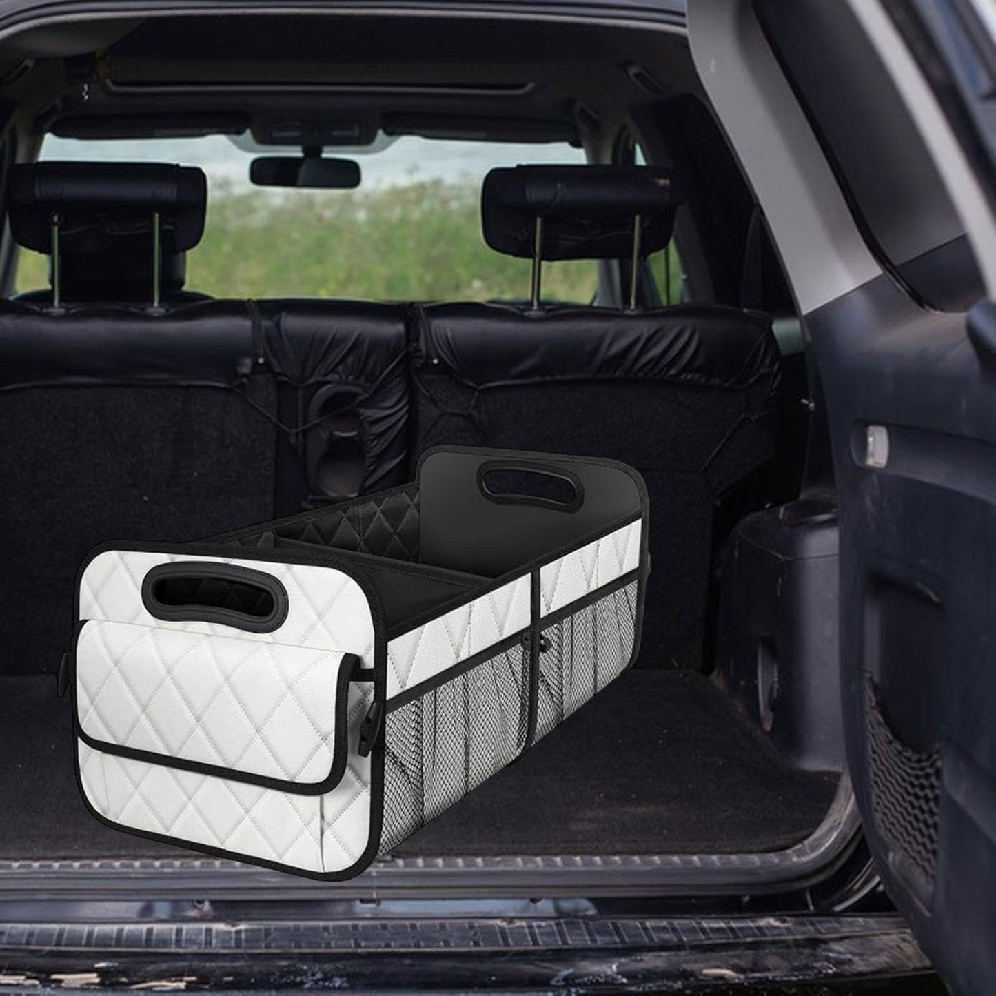 Tadill Car Trunk Storage Box, Rear Compartment Organizer, Cargo Storage Container, SUV, Multiple Pockets, White