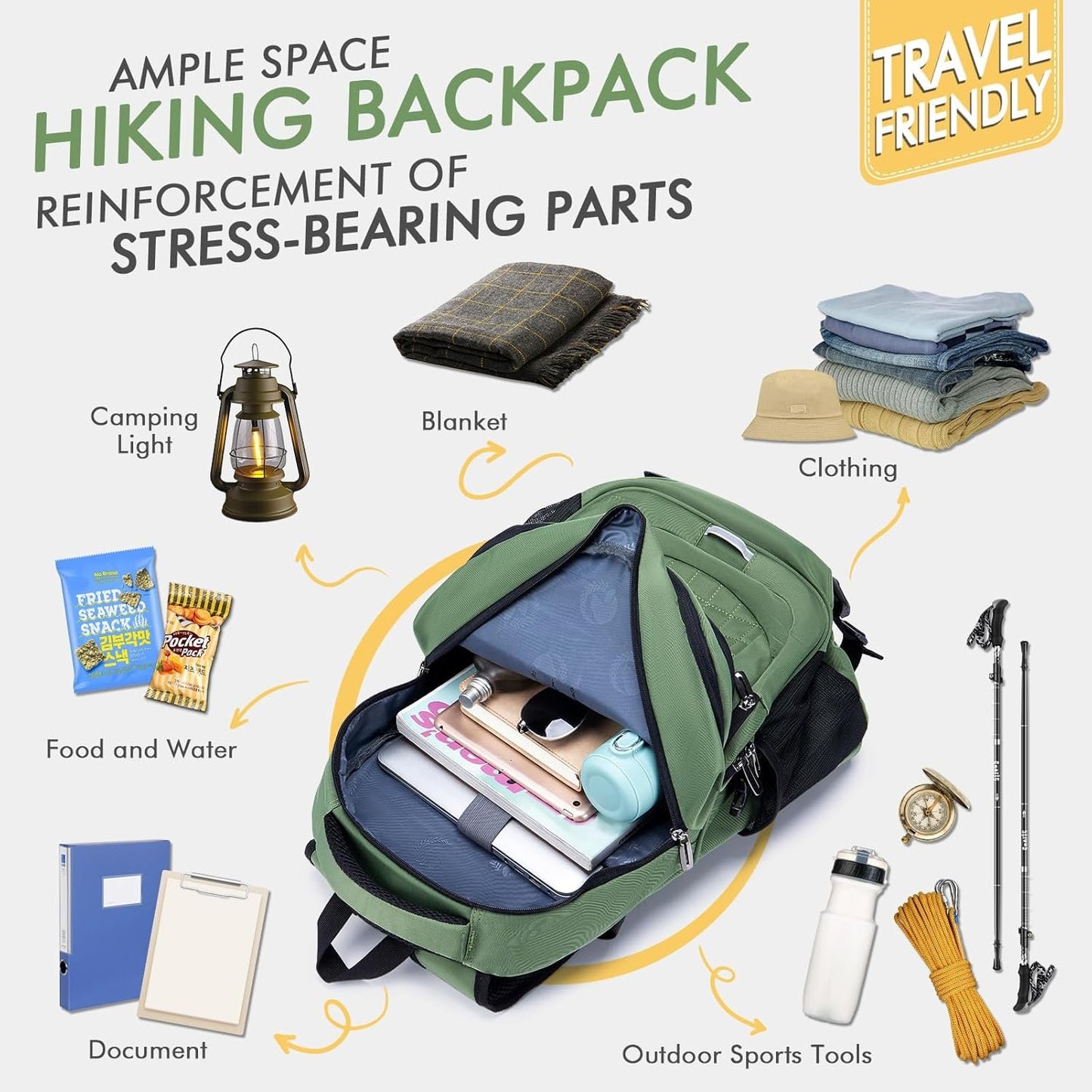 Bagzy Hiking Backpack 40l with Back Ventilation and Hip Belt, Trekking Backpack Travel Backpack Outdoor Camping Men Women