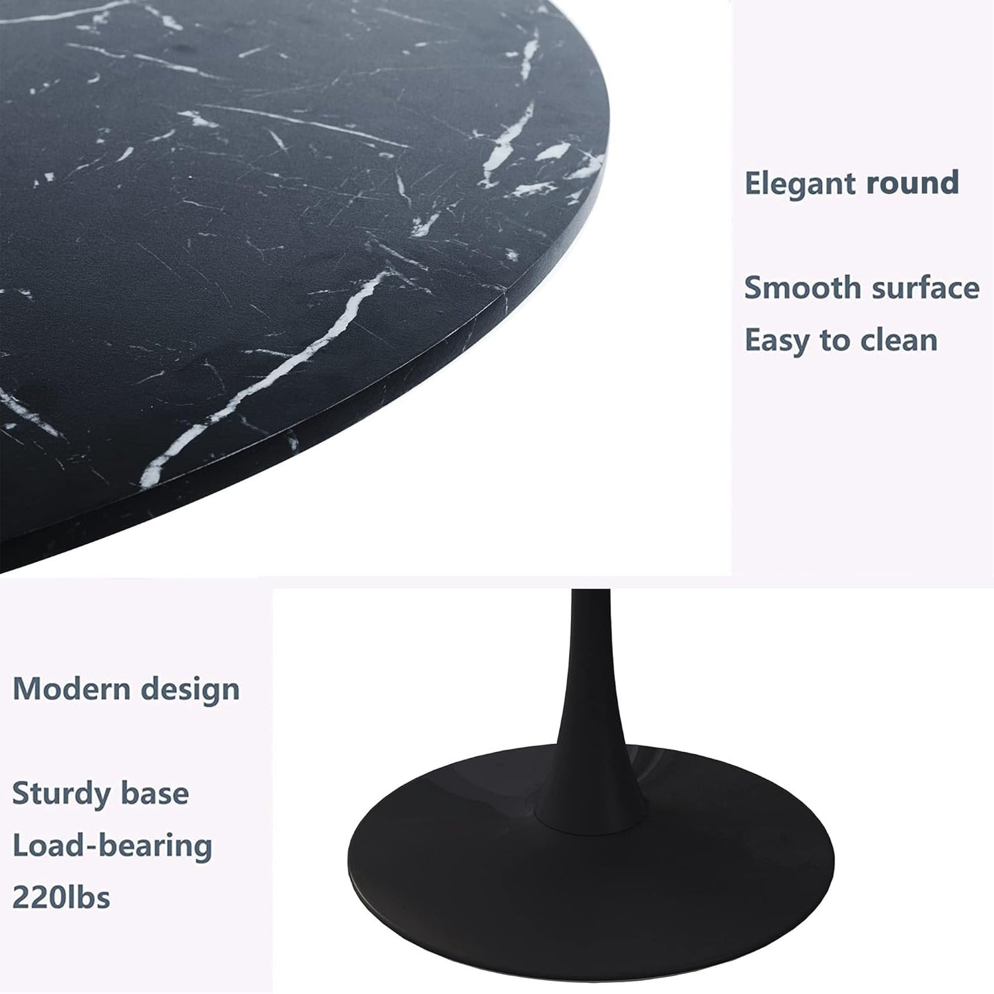 Modern Round Dining Table Tulip Table for 4-6 Persons, Wooden MDF Top Black Marble Pattern Mid-Century Leisure Table for Kitchen (Black Marble, 42")