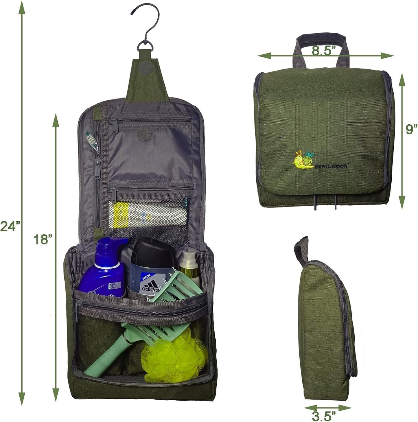 SNAILEMON Hanging Travel Toiletry Bag Organizer| Wash Bag| Makeup Cosmetic Vanity Bag for Accessories, Shampoo, Loofah, Shower Dopp Kit, Beach item, Travel Essentials, Hygiene kit, Hunter Green,