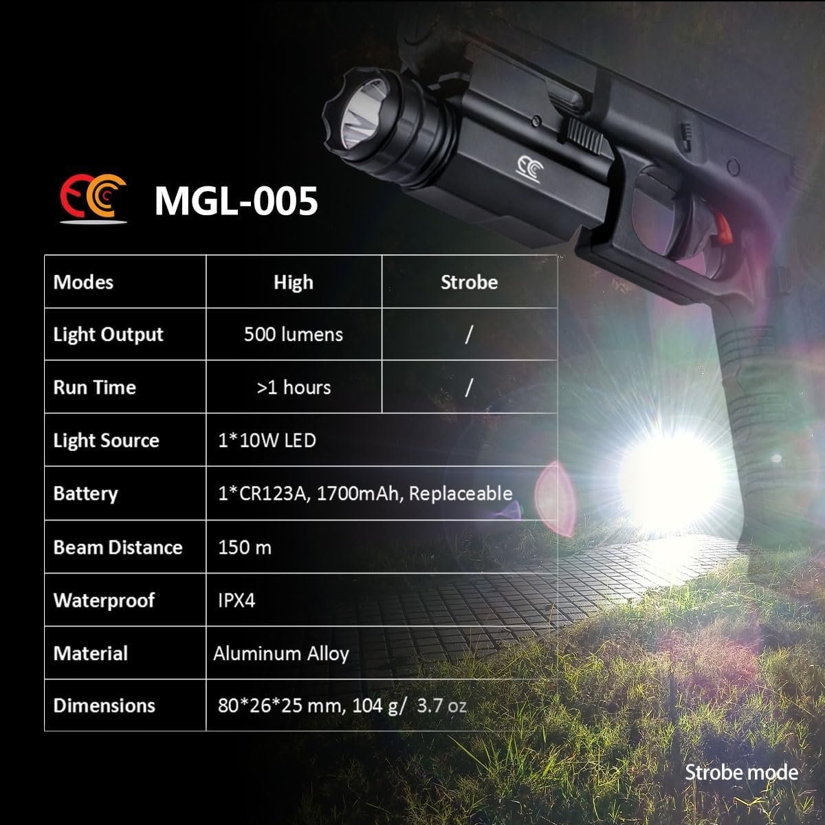 MCCC LED Tactical Flashlight 500 High Lumens,Rail Mount Pistol Light,Quick Release,fits Handgun, Airsoft Gun with Picatinny or Accessory Rail