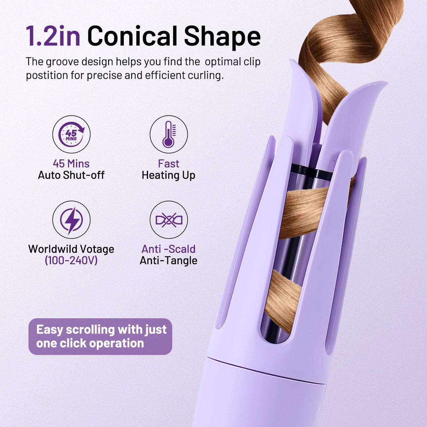 Automatic Hair Curling Iron Automatic Hair Curler Automatic Rotating with 3 Temperature Sets, Anti-Scald, Anti-Tangle Auto Curling Iron Rotating, Purple