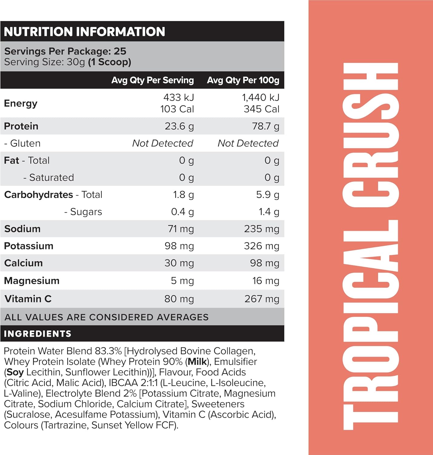 Muscle Nation Tropical Crush Protein Water 750g (25 Serves)