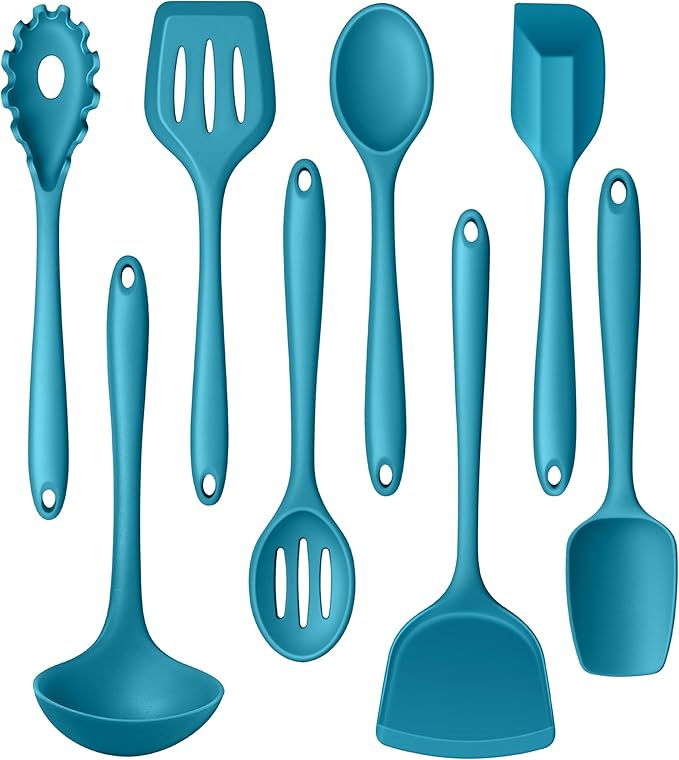 LIANYU 8Pcs Kitchen Utensils Set, Heat Resistant Cooking Utensils, Kitchen Tools Gadgets for Nonstick Cookware, Includes Silicone Spatula, Ladle, Spoon Turner, Dishwasher Safe, Blue