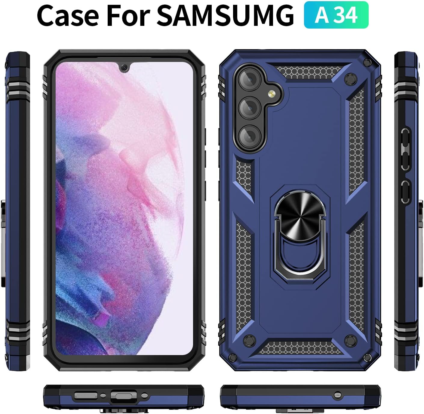 Asuwish Phone Case for Samsung Galaxy A34 5G with Tempered Glass Screen Protector Cover Stand Ring Holder Hard Magnetic Cell Accessories Heavy Duty Shockproof Kickstand A 34 34A Women Men Blue