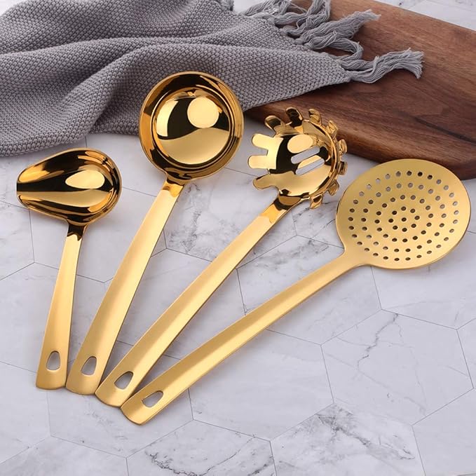 Stainless Steel Kitchen Utensil Set -8 Cooking Utensils, Colorful Titanium Plated Set Kitchen Tools Gadgets Cake Shovels/Plain Spatula, Potato Masher, Spoon, Slotted Spoon-Gold