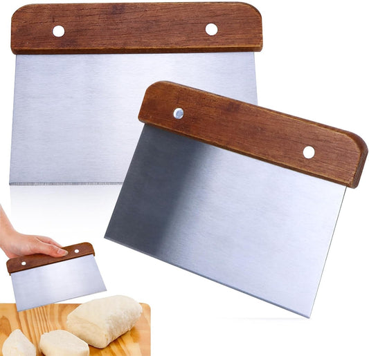 2 Pack Dough Scraper, Stainless Steel Bench Scraper Kitchen Bread Making Tools Pastry Cutter with Wooden Handle Durable Kitchen Gadgets for Baking Cake Pizza