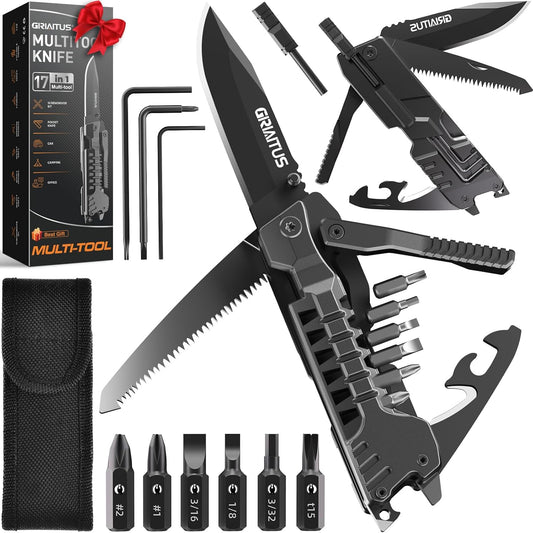 Gifts for Men, Camping Accessories Multitool Gadgets for Men, 17-in-1 Fire Starter Sticks, Saw Screwdrivers, Bottle Opener, Whistle and More - Perfect for Camping, Outdoor, Survival