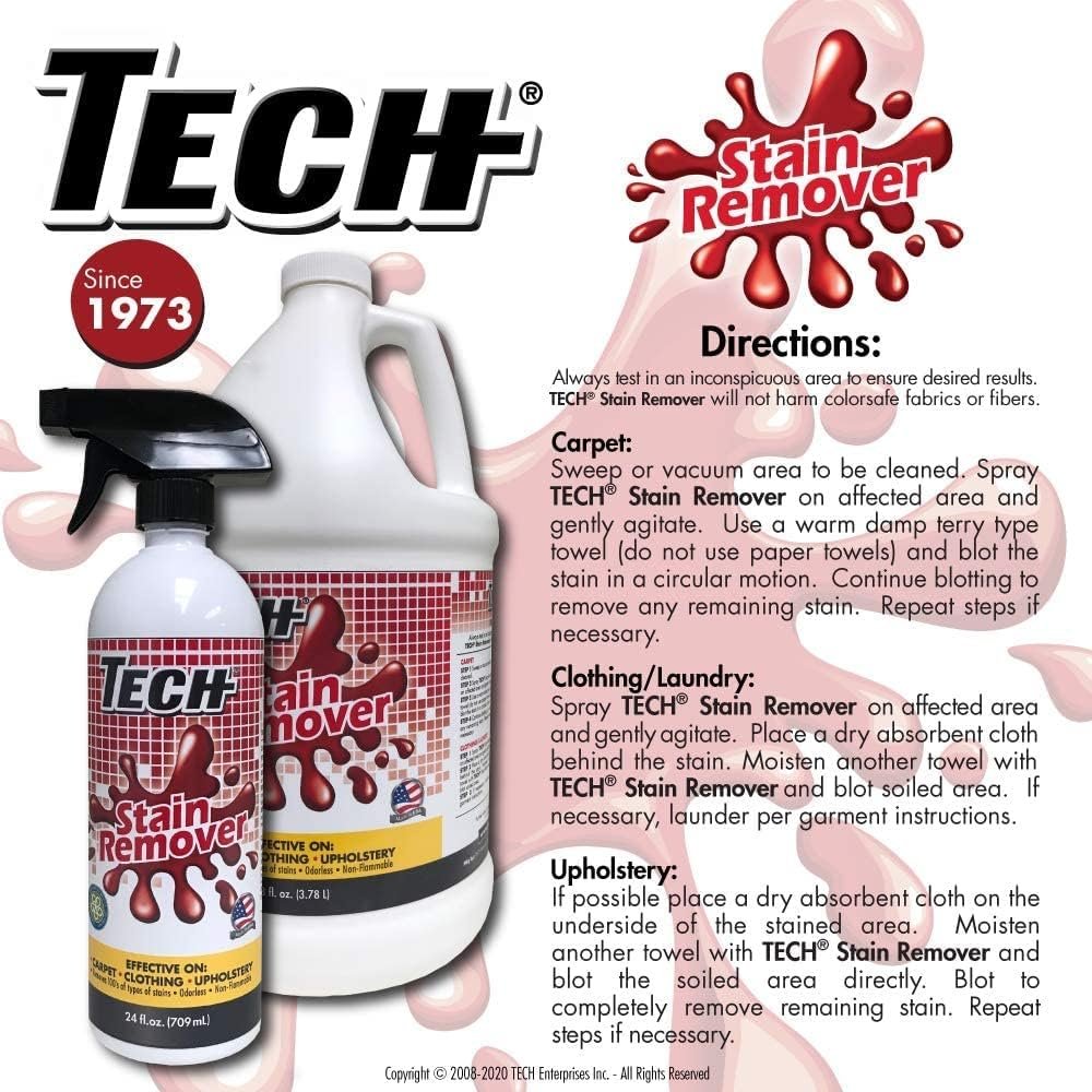 Tech Stain Remover - 8 oz Bottles - Effective Stain Remover Spray for Carpet, Clothing, Laundry, Upholstery and Other Washable Fabrics (Pack of 3)