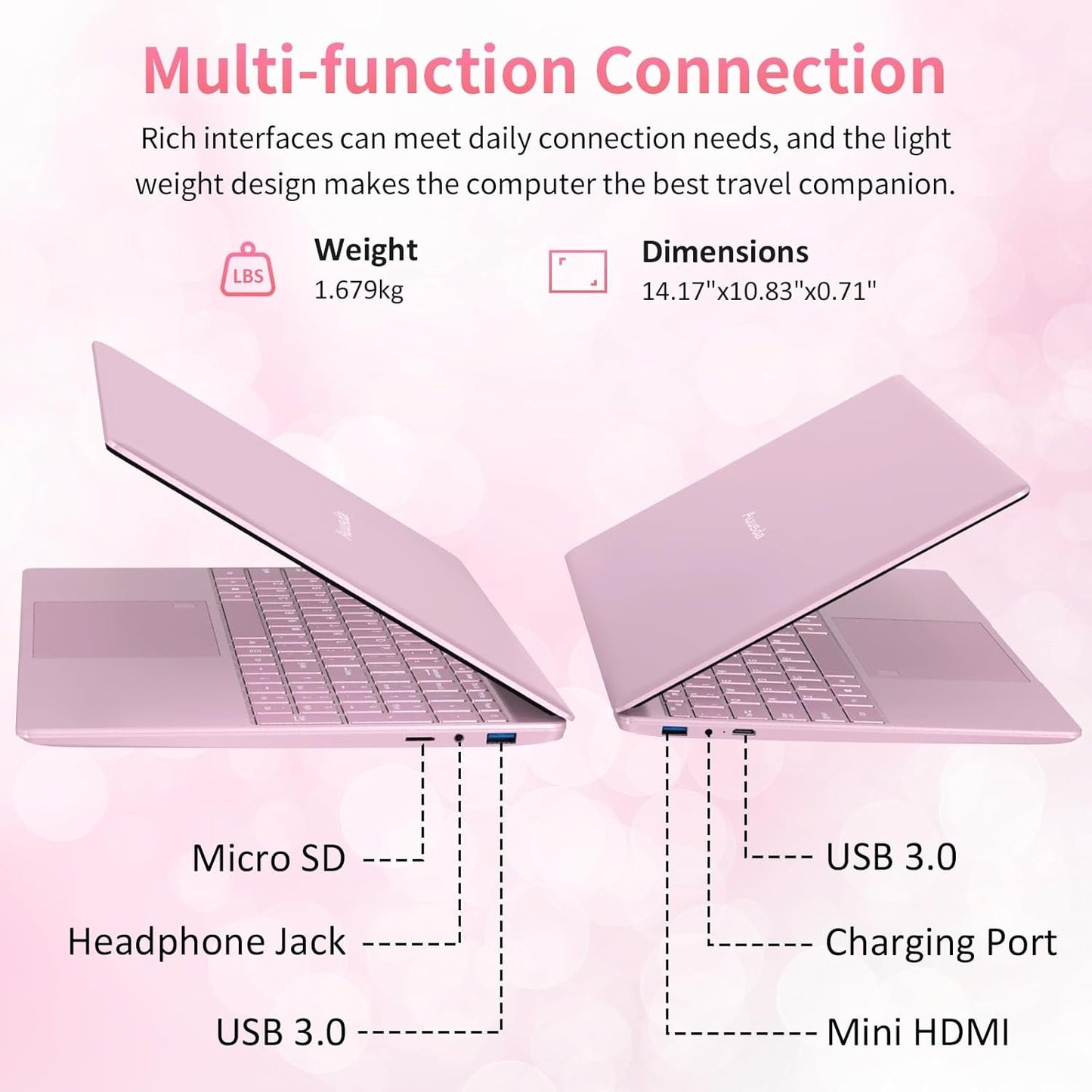 Auusda 15.6 Inch Full HD Laptop, 32GB DDR4 RAM 1TB SSD, N95 Up to 3.4GHz with Fingerprint Unlock Notebook, Cooling Fan, Webcam, Dual Speakers, Mini HDMI, Student/Business Laptop - Pink