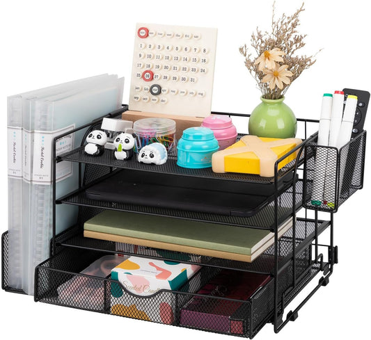 Soilsiu Desk Organizer, Modern/Minimalist Office Desk Accessory with Drawer, 4-Tier Dorm Room Essentials for College Students, Black