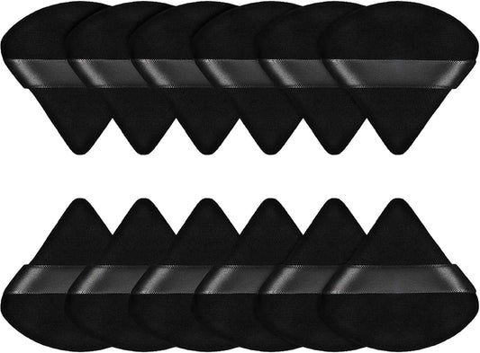 12 Pcs Triangle Powder puffs Body Loose Powder Beauty Makeup Accessory Black Soft and Supple Puffs, Face Sponge with Strap for Loose Powder, Mineral Powder, Body Cosmetic, and Foundation Application (Black)