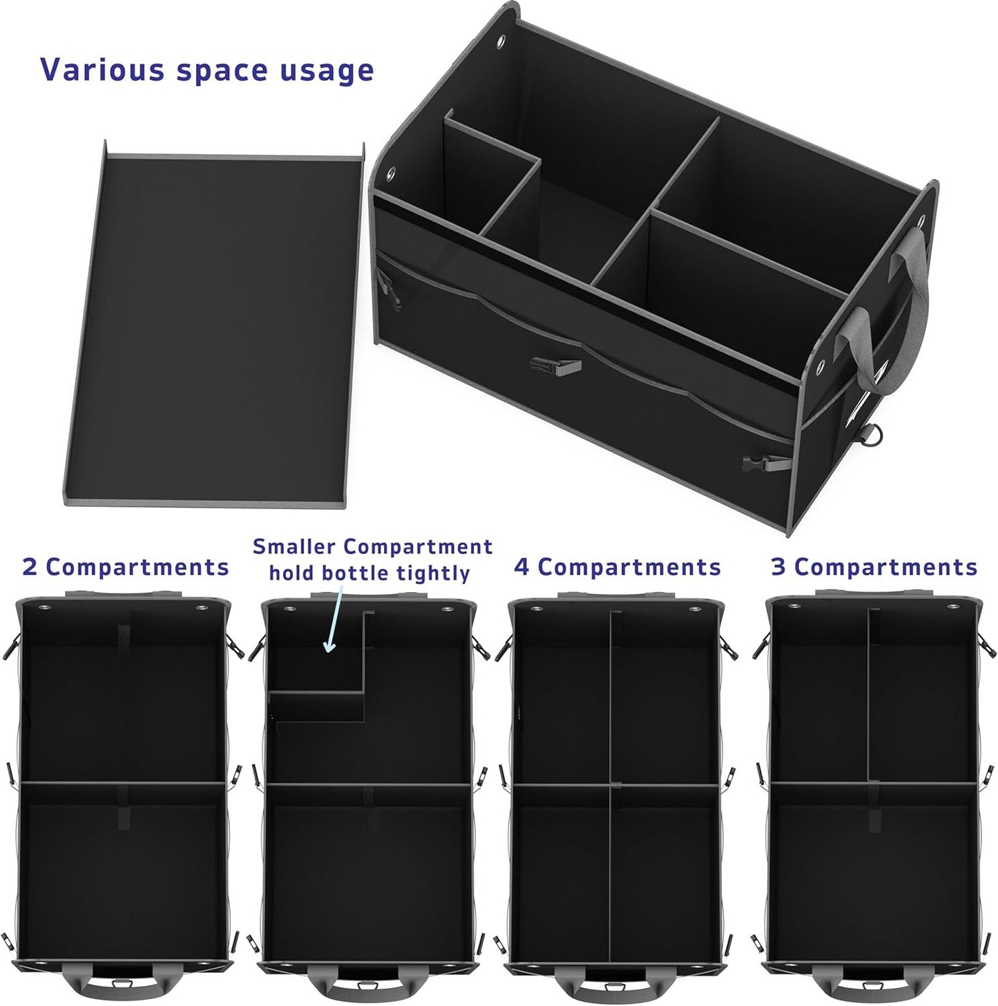 EPAuto Car Trunk Foldable Multi-Compartment Car Organizer with Removal Lid, Securing Straps and Buckles for Folding, Black