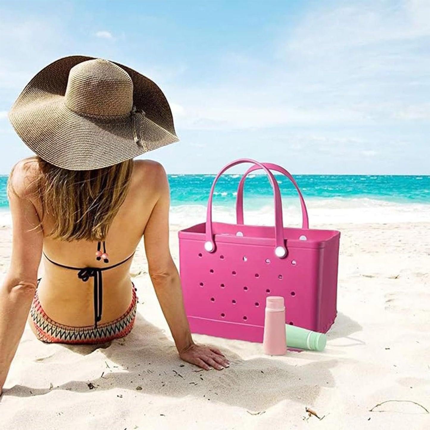 Women Outdoor Rubber Tote Bag,Sports Washable Rubber Tote Bag with Holes | Women's Portable Travel for Beach Sports Swimming Pool