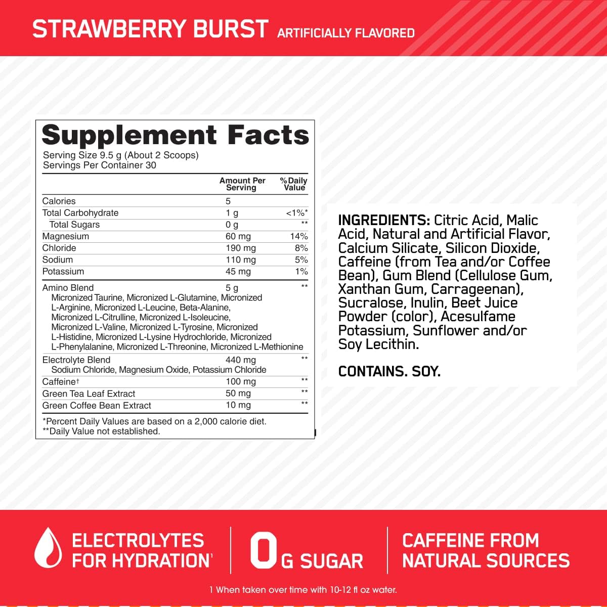 OPTIMUM NUTRITION Amino Energy + Electrolytes Powder 285 g, 30 Servings, Juicy Strawberry