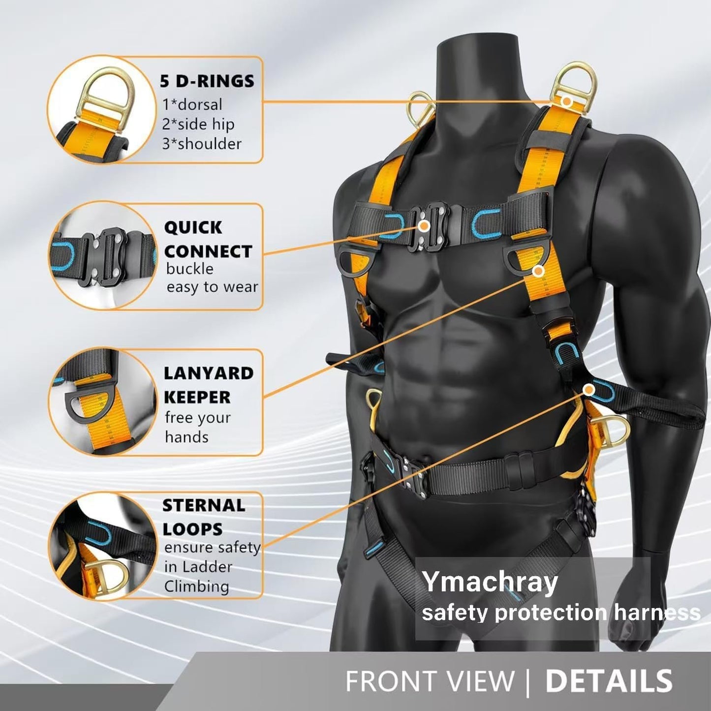 Fall Protection Full Body Safety Harness, 6” Thick Back Support Belt,5 Heavy Duty D-rings, Quick Release (OSHA/ANSI)
