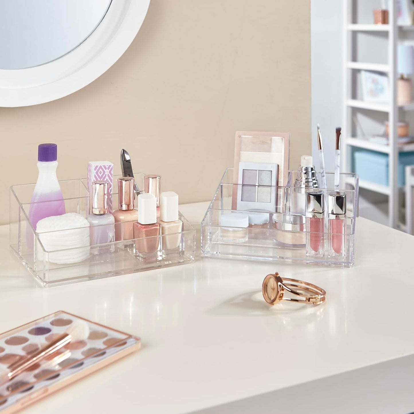 STORi Clear Plastic Vanity Makeup Organizer | Compact Rectangular 4-Compartment Holder for Brushes, Eyeshadow Palettes, & Beauty Supplies | Made in USA