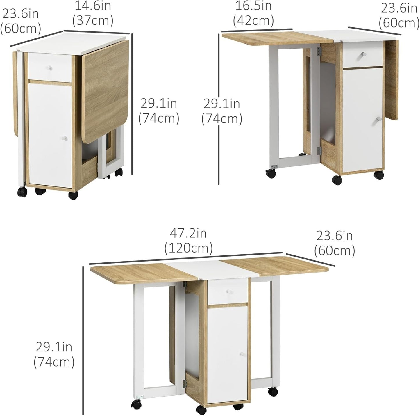 HOMCOM Foldable Dining Table, Collapsible Drop Leaf Table with 2 Drawers, Cabinet and Caster Wheels, Folding Kitchen Table for Small Spaces, Dining Room, Oak